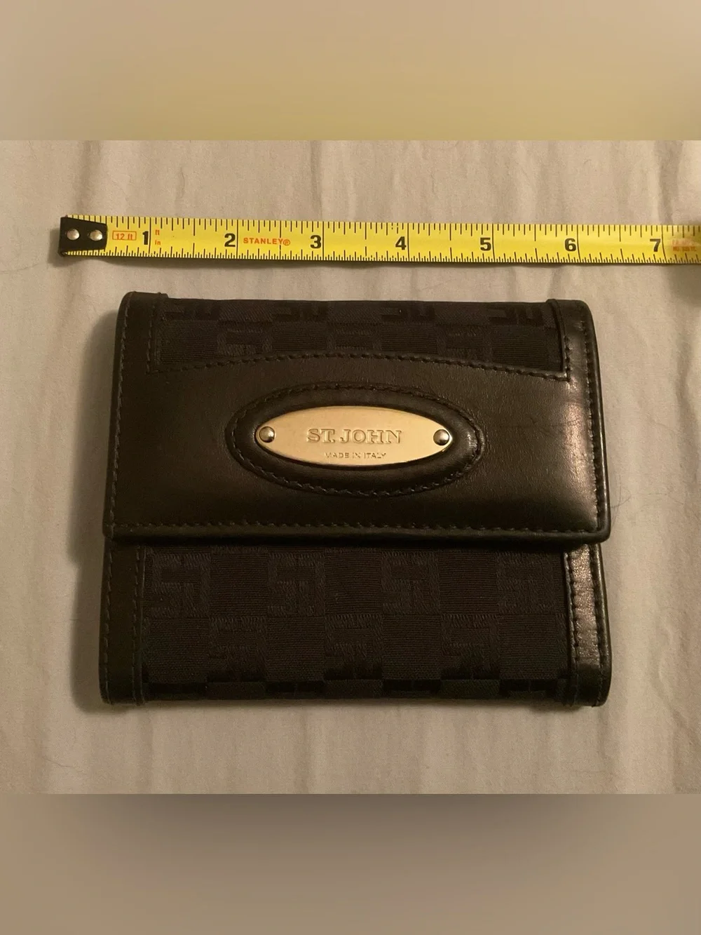 VINTAGE ST. JOHN Made in Italy Black Monogram Leather Oversized Wallet Gold Hard